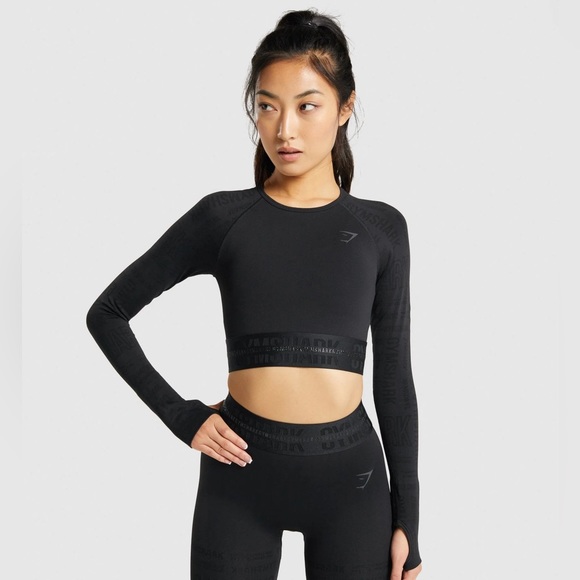 Gymshark Tops - Gymshark Monochromatic Logo Black LongSleeve CropTop